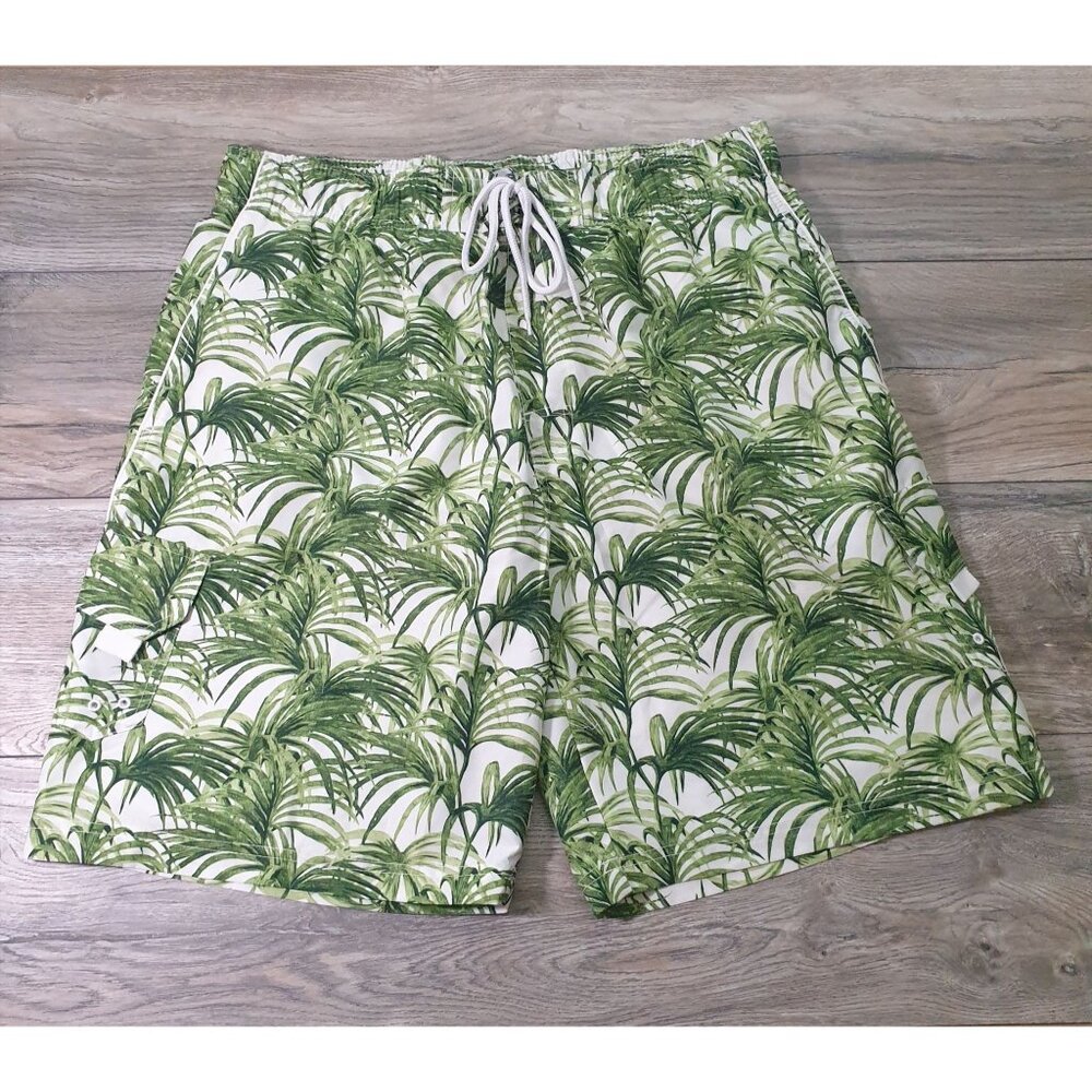 Palm Leaf Print Men Swim Trunks XL Surf Swim Co Green White Elastic Waist 34"